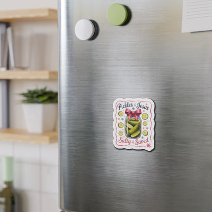 Die-Cut Magnet — "Pickles & Jesus, Salty & Saved" Jar Design