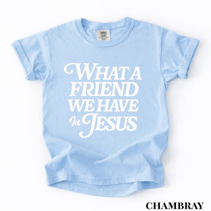Youth Tee — "What a Friend We Have in Jesus" Christian Scripture Shirt