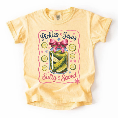 Youth Tee — “Pickles & Jesus Salty & Saved” Graphic T-Shirt