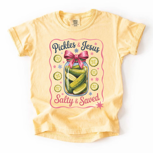Youth Tee — “Pickles & Jesus Salty & Saved” Graphic T-Shirt