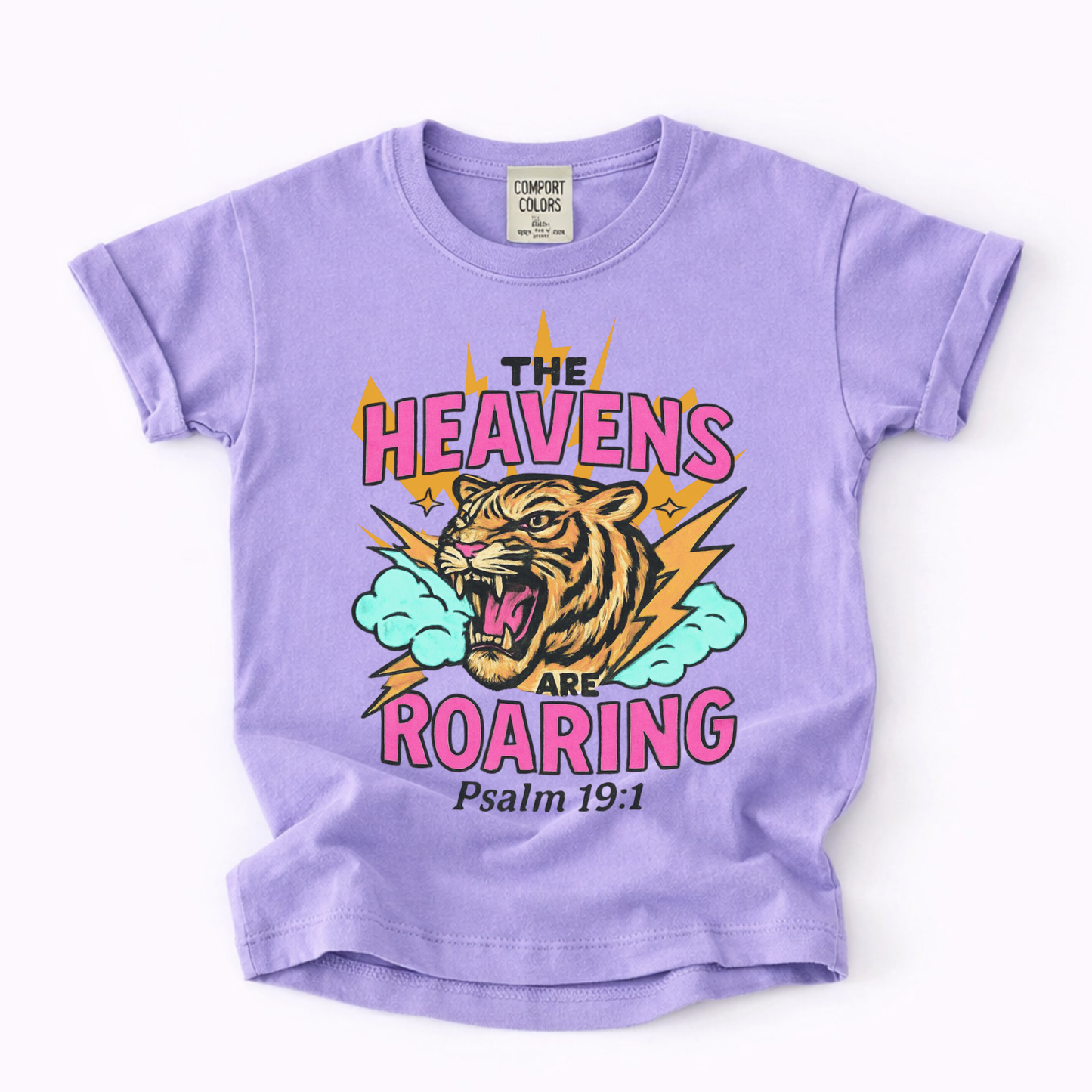 Youth Tee — “The Heavens Are Roaring” Tiger Psalm 19:1 Christian Graphic Shirt