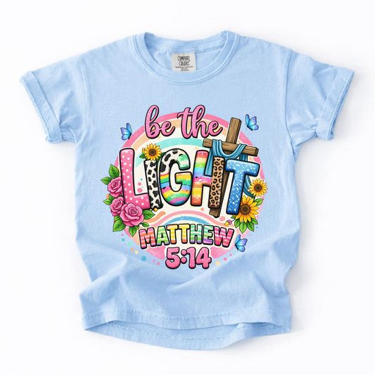 Be the Light Youth Tee — Colorful Floral Matthew 5:14 Christian Shirt