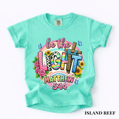 Be the Light Youth Tee — Colorful Floral Matthew 5:14 Christian Shirt