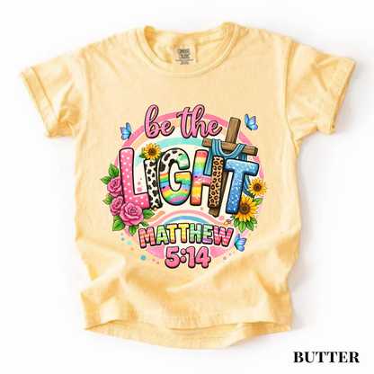 Be the Light Youth Tee — Colorful Floral Matthew 5:14 Christian Shirt