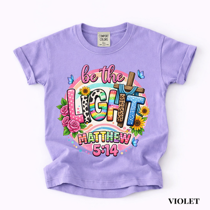 Be the Light Youth Tee — Colorful Floral Matthew 5:14 Christian Shirt