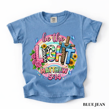 Be the Light Youth Tee — Colorful Floral Matthew 5:14 Christian Shirt