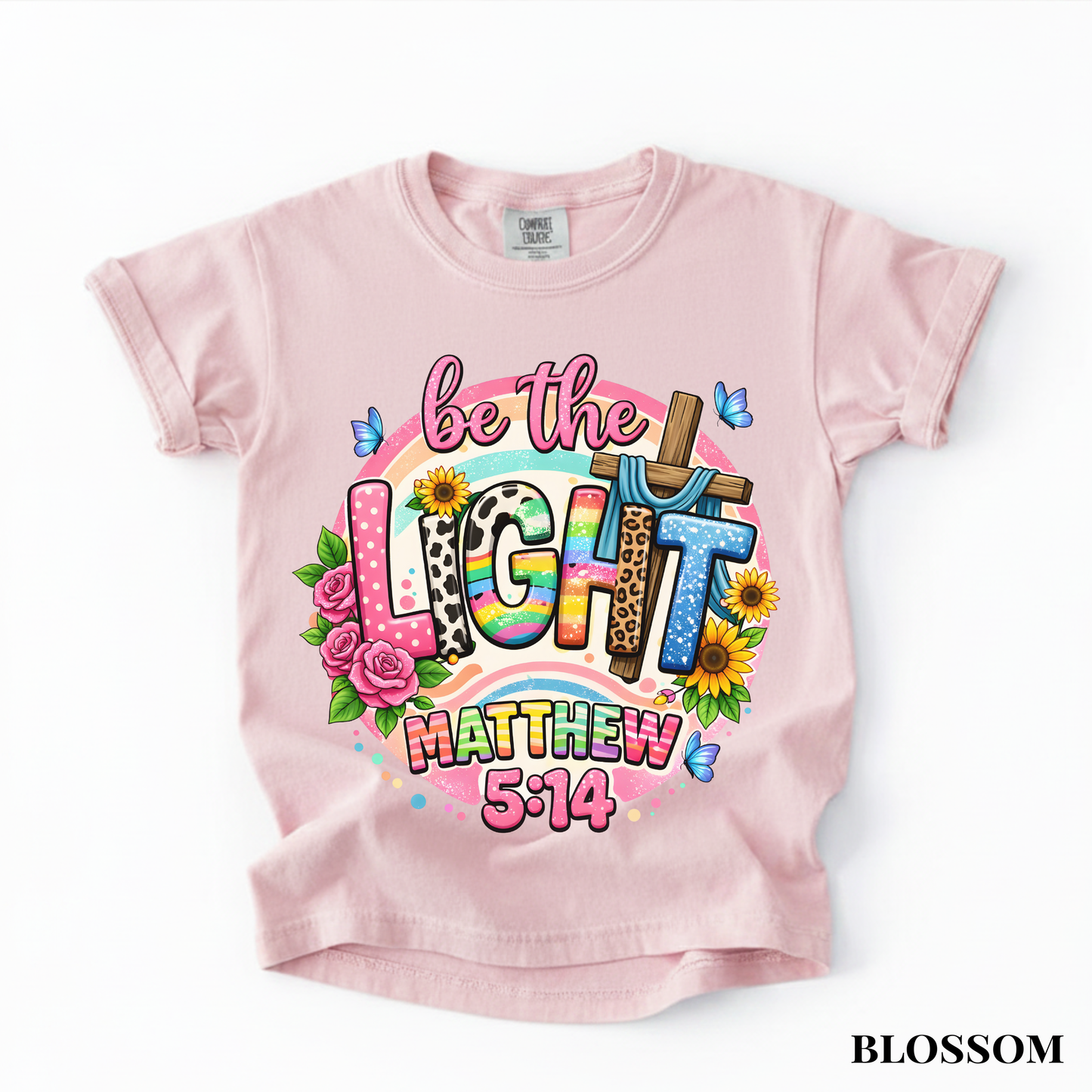 Be the Light Youth Tee — Colorful Floral Matthew 5:14 Christian Shirt