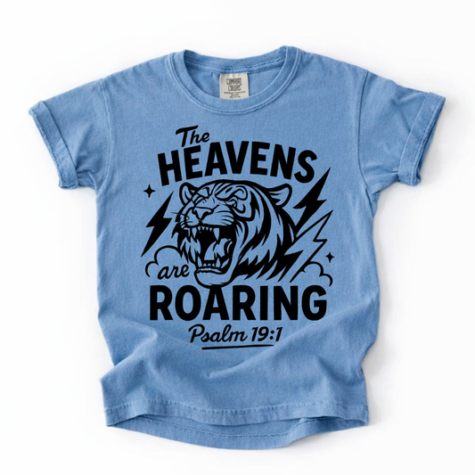 Youth Tee - "The Heavens Are Roaring" Tiger Psalm 19:1 Christian Graphic Shirt