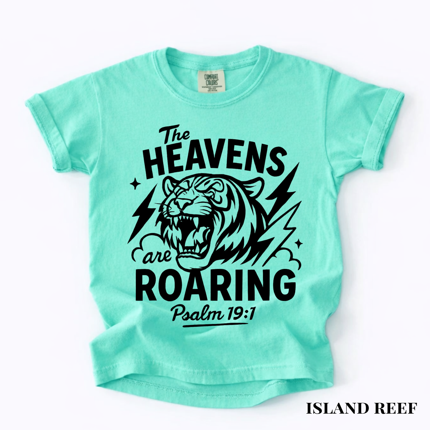 Youth Tee - "The Heavens Are Roaring" Tiger Psalm 19:1 Christian Graphic Shirt