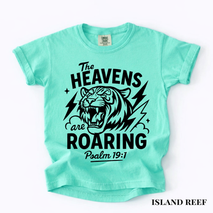 Youth Tee - "The Heavens Are Roaring" Tiger Psalm 19:1 Christian Graphic Shirt