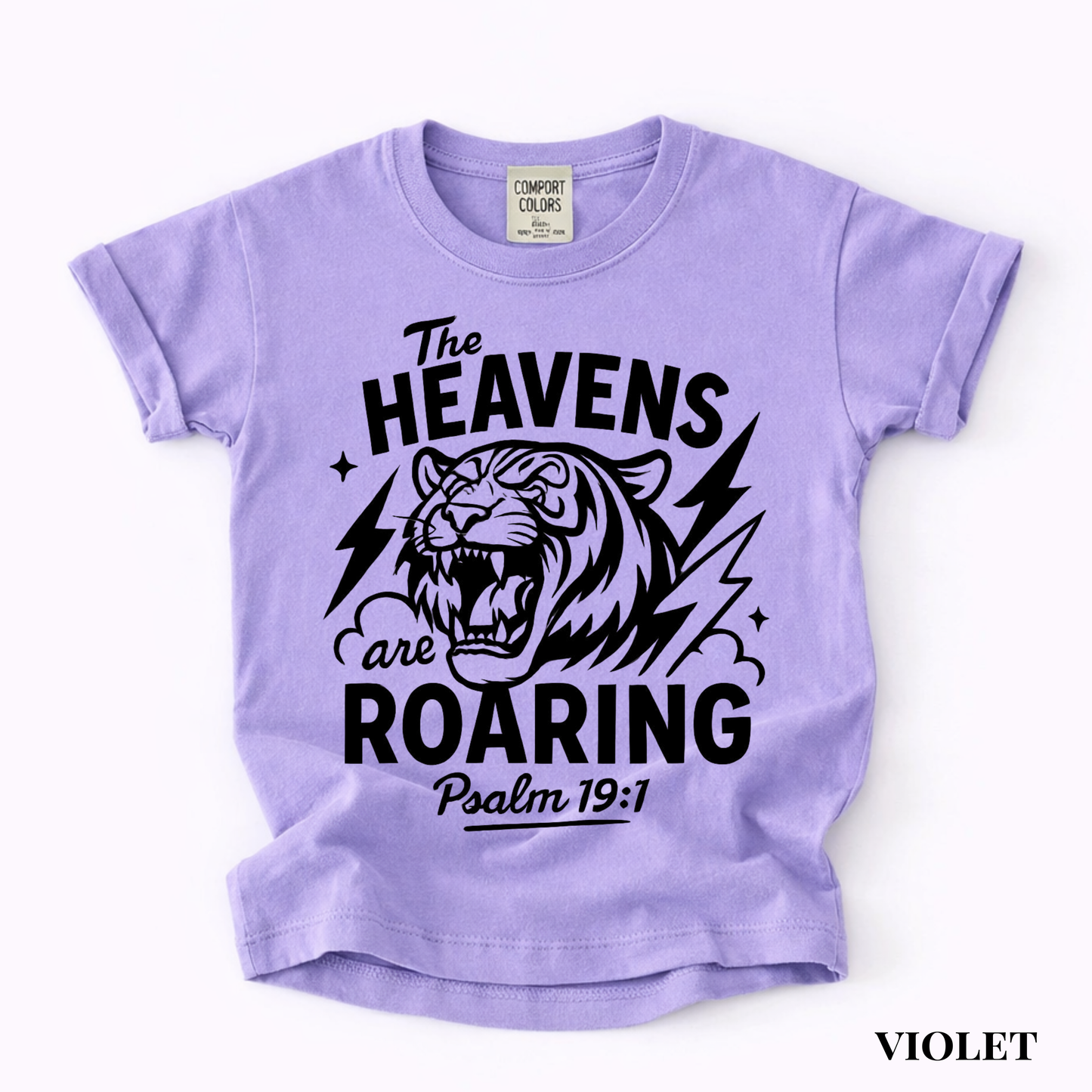 Youth Tee - "The Heavens Are Roaring" Tiger Psalm 19:1 Christian Graphic Shirt