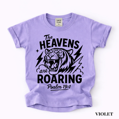 Youth Tee - "The Heavens Are Roaring" Tiger Psalm 19:1 Christian Graphic Shirt
