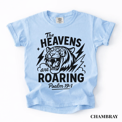 Youth Tee - "The Heavens Are Roaring" Tiger Psalm 19:1 Christian Graphic Shirt