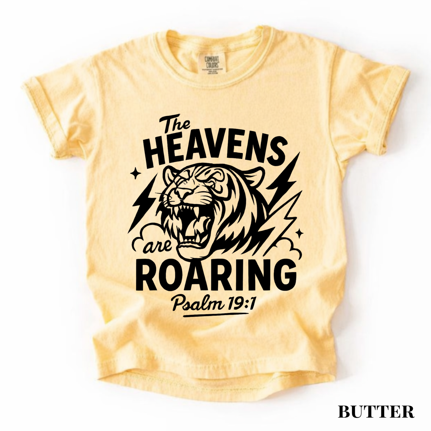 Youth Tee - "The Heavens Are Roaring" Tiger Psalm 19:1 Christian Graphic Shirt