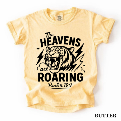 Youth Tee - "The Heavens Are Roaring" Tiger Psalm 19:1 Christian Graphic Shirt