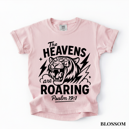 Youth Tee - "The Heavens Are Roaring" Tiger Psalm 19:1 Christian Graphic Shirt