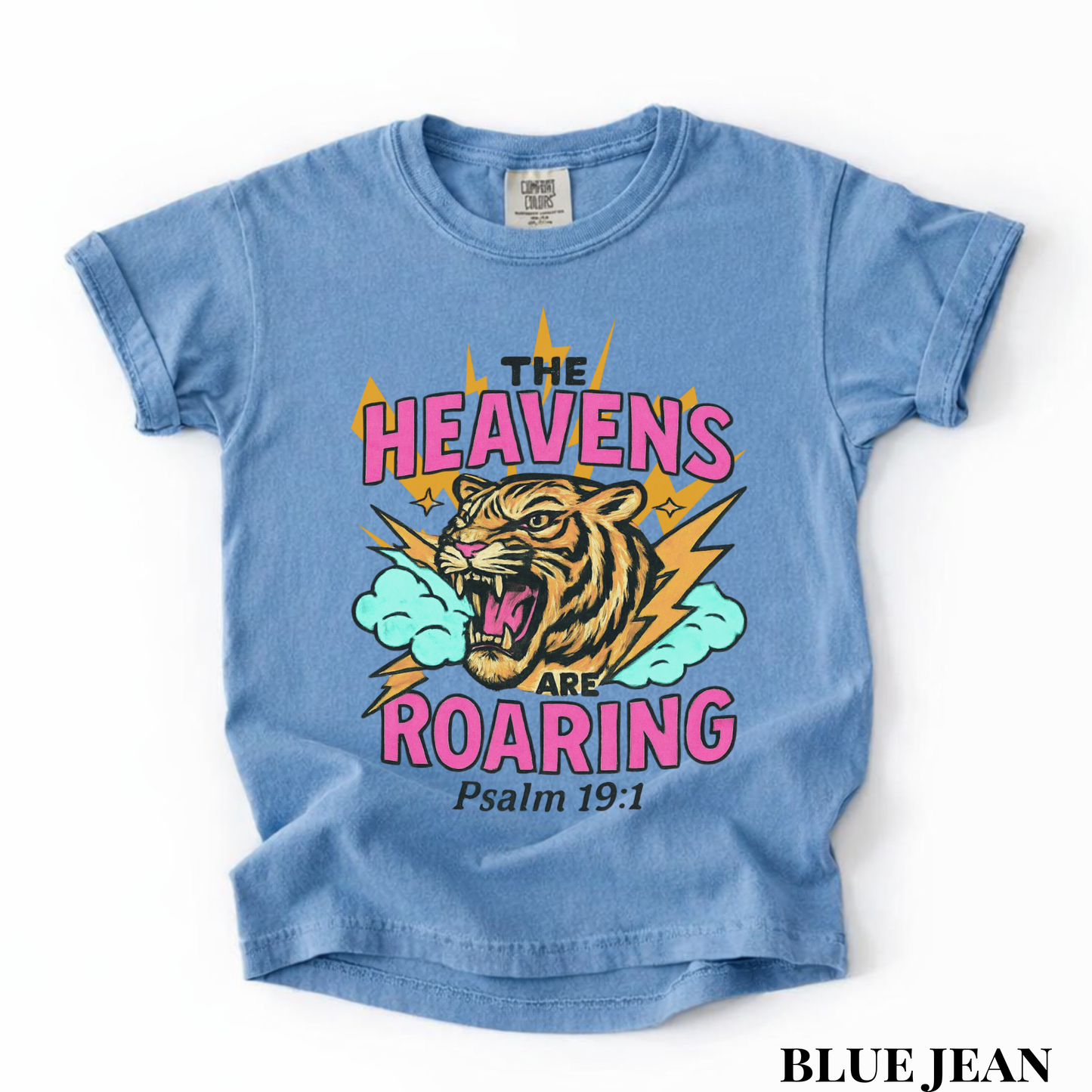 Youth Tee — “The Heavens Are Roaring” Tiger Psalm 19:1 Christian Graphic Shirt