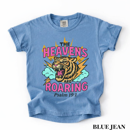 Youth Tee — “The Heavens Are Roaring” Tiger Psalm 19:1 Christian Graphic Shirt