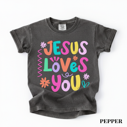 Youth Tee — "Jesus Loves You" Colorful Kids Christian Shirt