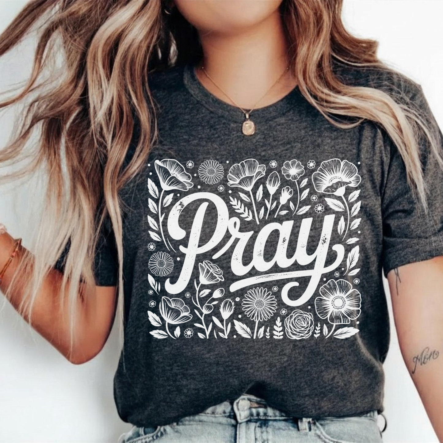 Pray Floral T-Shirt — Inspirational Faith Tee with Hand-Lettered Design