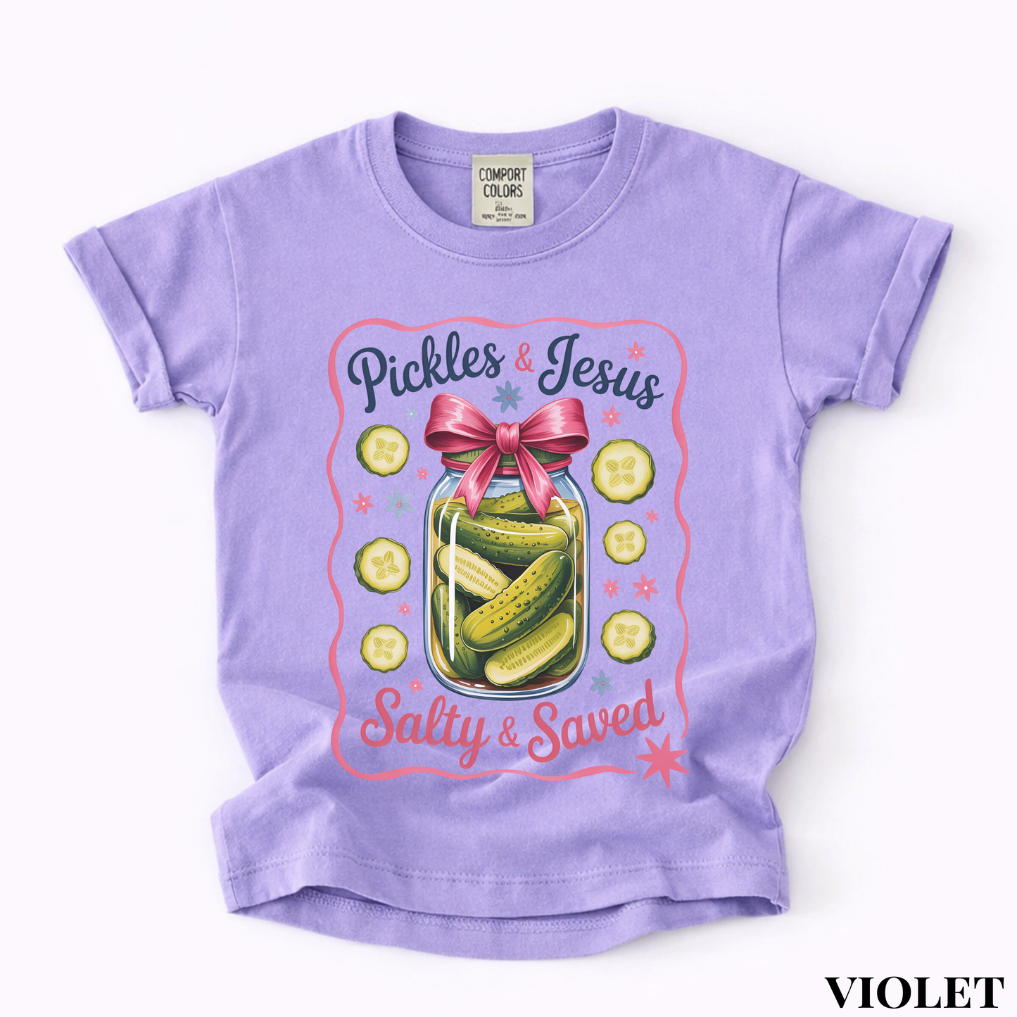 Youth Tee — “Pickles & Jesus Salty & Saved” Graphic T-Shirt