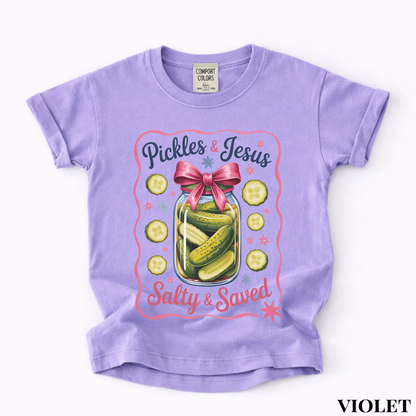 Youth Tee — “Pickles & Jesus Salty & Saved” Graphic T-Shirt