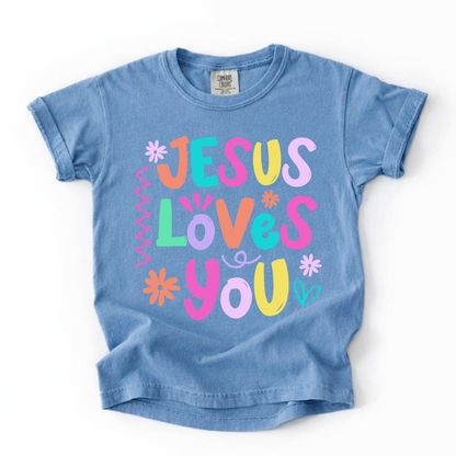Youth Tee — "Jesus Loves You" Colorful Kids Christian Shirt