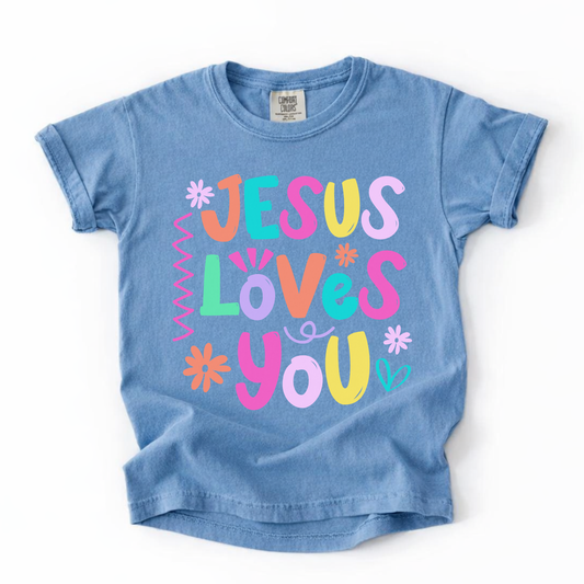Youth Tee — "Jesus Loves You" Colorful Kids Christian Shirt