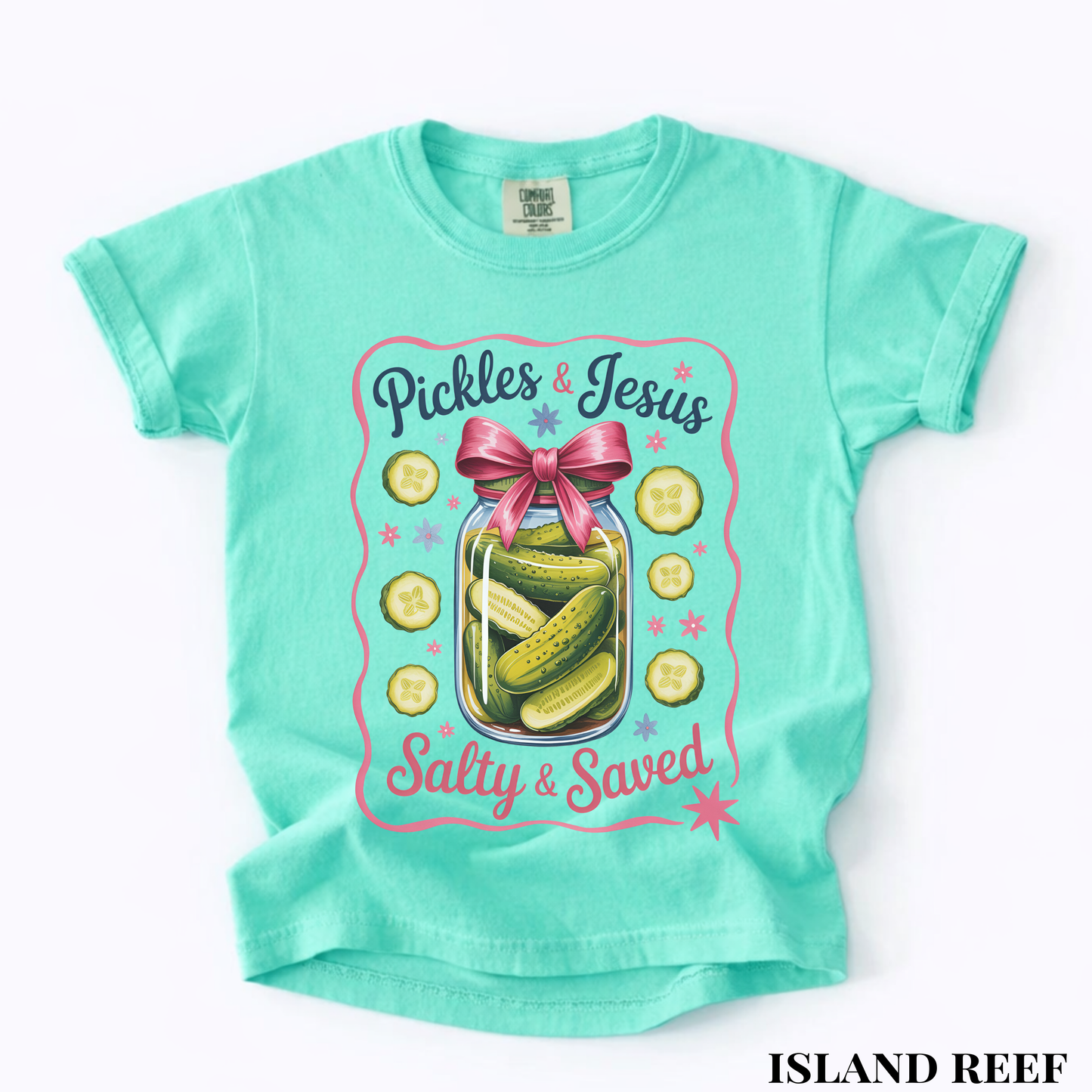Youth Tee — “Pickles & Jesus Salty & Saved” Graphic T-Shirt