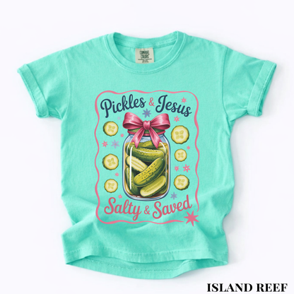 Youth Tee — “Pickles & Jesus Salty & Saved” Graphic T-Shirt