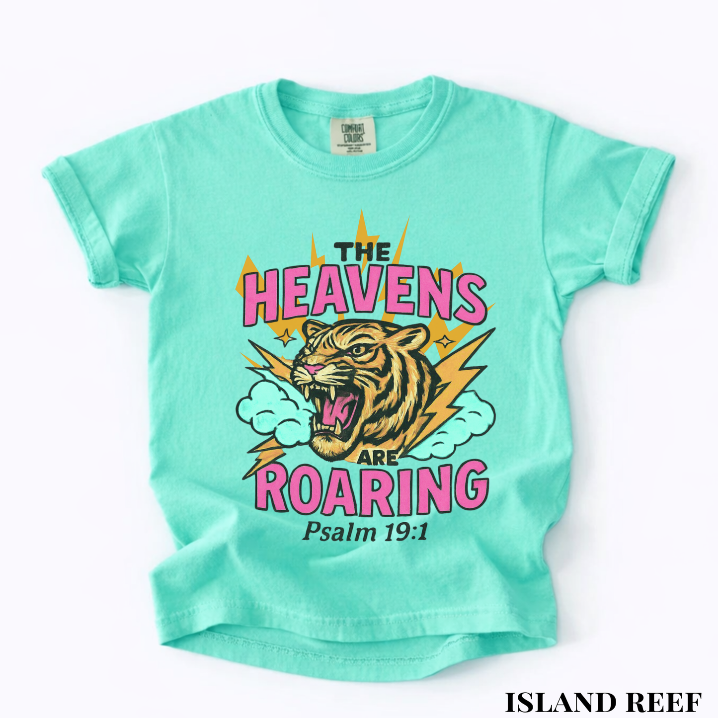 Youth Tee — “The Heavens Are Roaring” Tiger Psalm 19:1 Christian Graphic Shirt