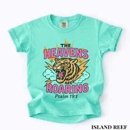 Youth Tee — “The Heavens Are Roaring” Tiger Psalm 19:1 Christian Graphic Shirt