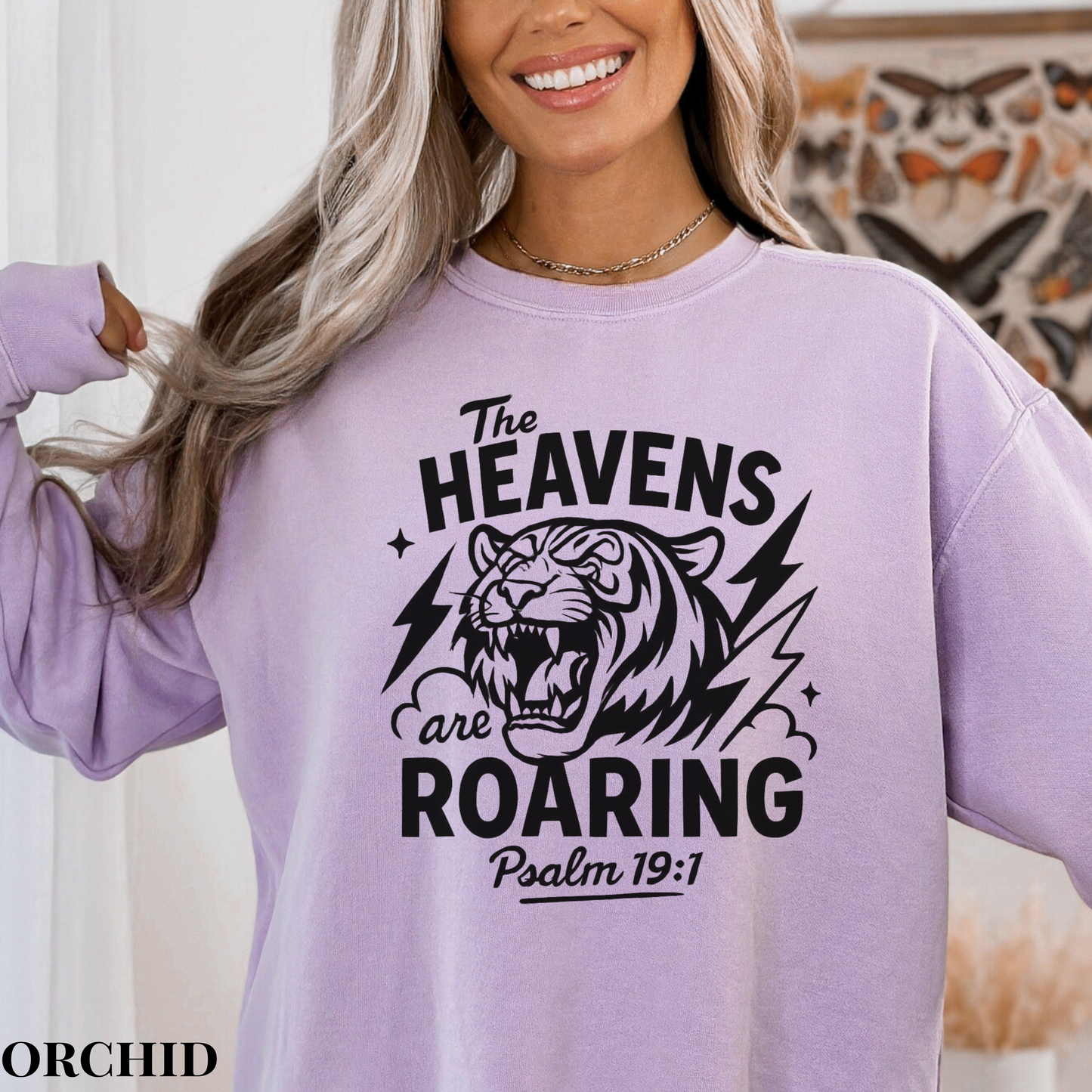 Roaring Heavens Sweatshirt — Psalm 19:1 Tiger Graphic Crewneck