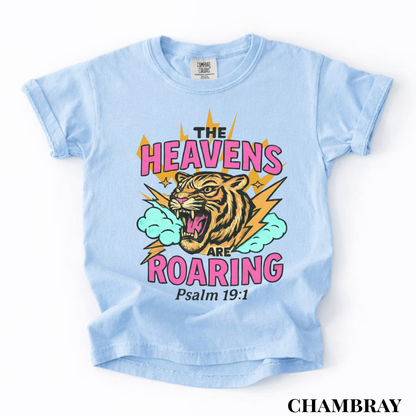 Youth Tee — “The Heavens Are Roaring” Tiger Psalm 19:1 Christian Graphic Shirt