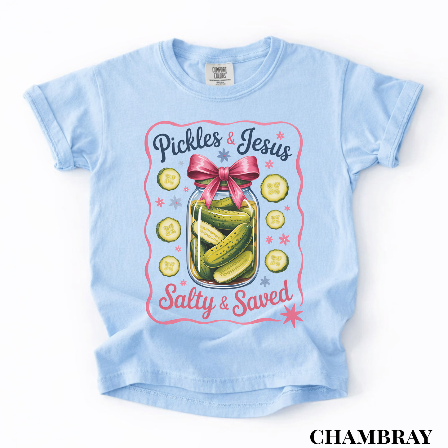 Youth Tee — “Pickles & Jesus Salty & Saved” Graphic T-Shirt