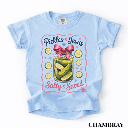 Youth Tee — “Pickles & Jesus Salty & Saved” Graphic T-Shirt