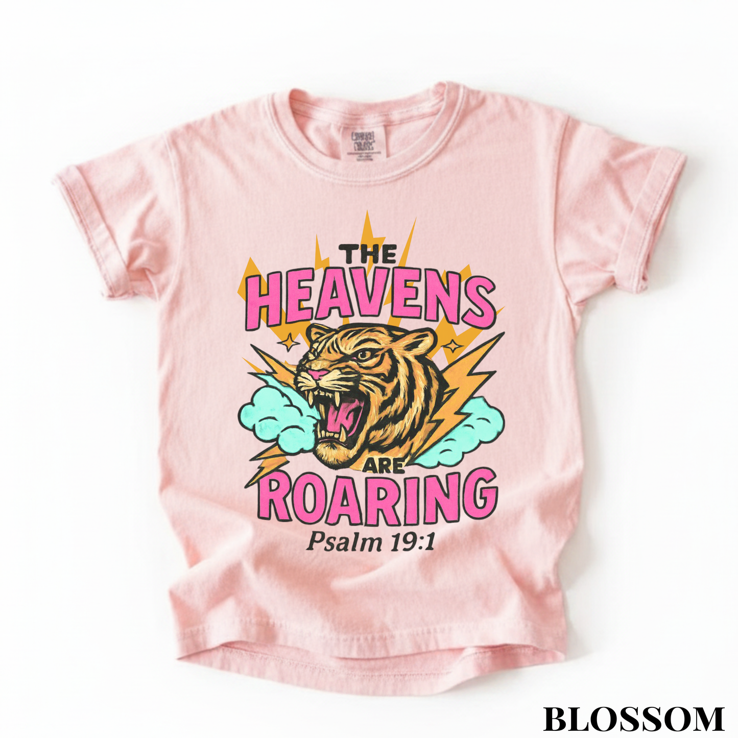 Youth Tee — “The Heavens Are Roaring” Tiger Psalm 19:1 Christian Graphic Shirt