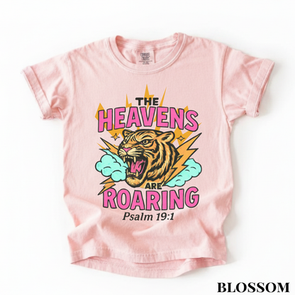 Youth Tee — “The Heavens Are Roaring” Tiger Psalm 19:1 Christian Graphic Shirt