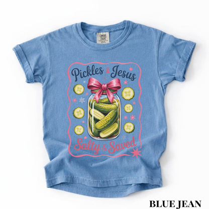 Youth Tee — “Pickles & Jesus Salty & Saved” Graphic T-Shirt