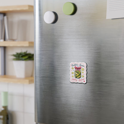 Die-Cut Magnet — "Pickles & Jesus, Salty & Saved" Jar Design