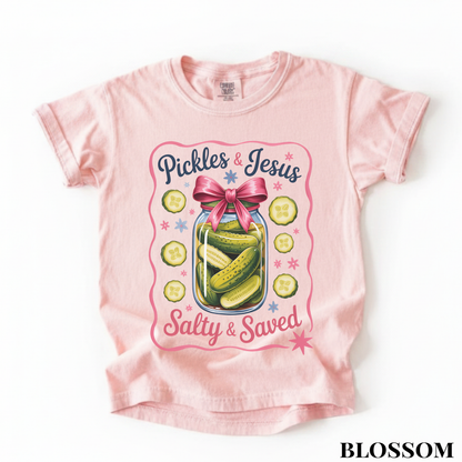 Youth Tee — “Pickles & Jesus Salty & Saved” Graphic T-Shirt
