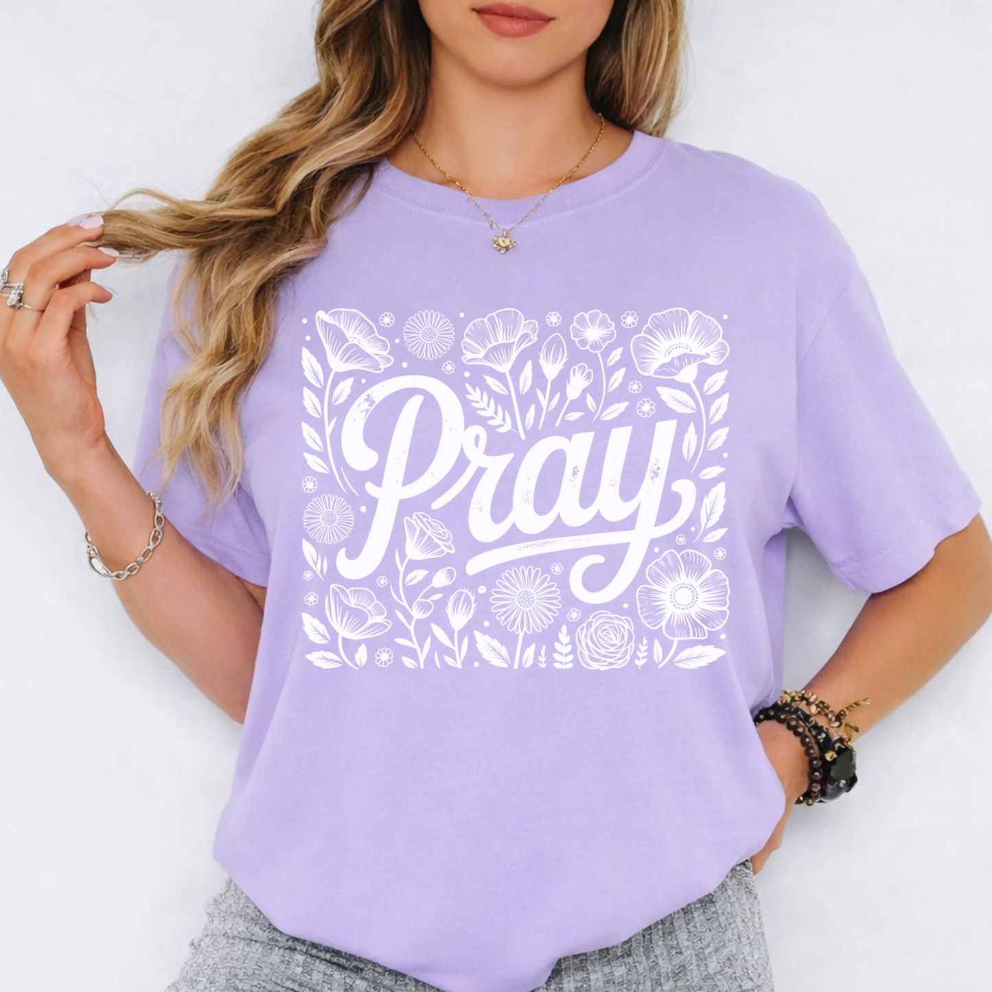 Pray Floral T-Shirt — Inspirational Faith Tee with Hand-Lettered Design