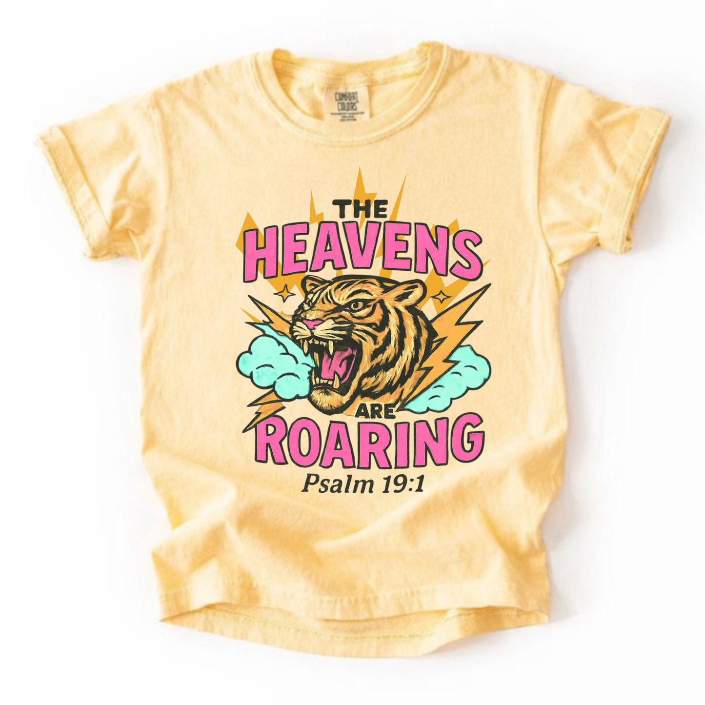 Youth Tee — “The Heavens Are Roaring” Tiger Psalm 19:1 Christian Graphic Shirt