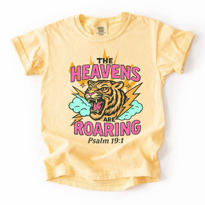 Youth Tee — “The Heavens Are Roaring” Tiger Psalm 19:1 Christian Graphic Shirt